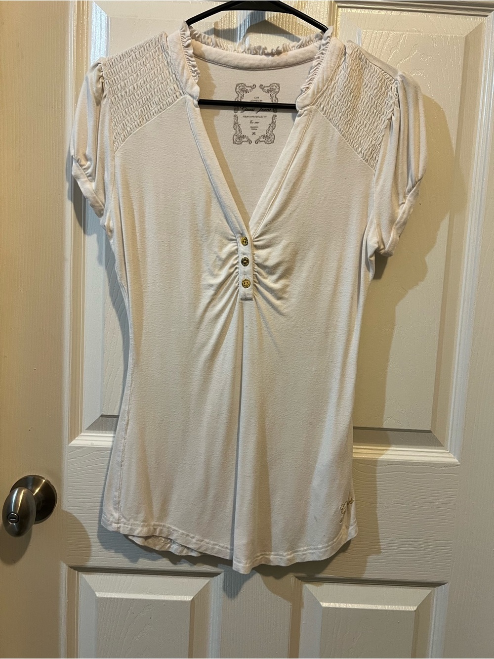 Guess Cream V-Neck Short Sleeve Smocked Shoulder Top